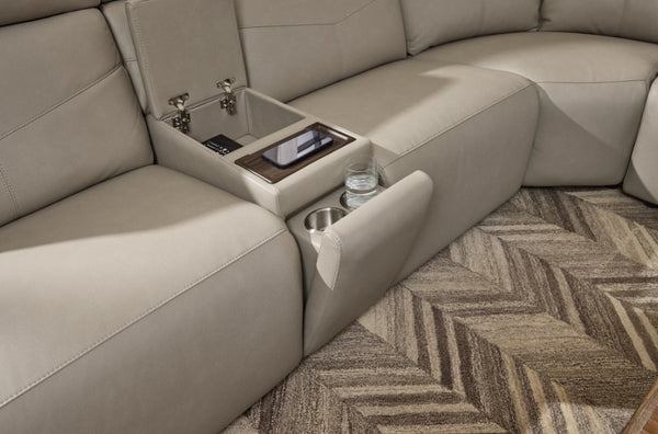 Flexsteel Vernon 6-Piece Triple Power Dove Grey Fabric Sectional with Power Headrest, Lumbar, Heat & Massage
