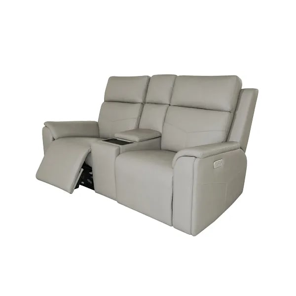 Flexsteel Vernon Triple Power Dove Grey Fabric Console Loveseat with Power Headrest, Lumbar, Heat & Massage