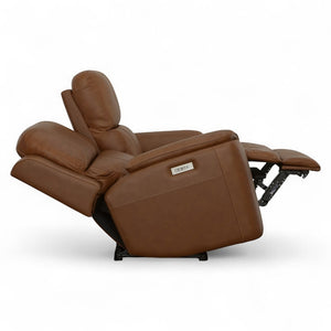 Flexsteel Harrison Leather Triple Power Loveseat with Heat & Massage in Caramel