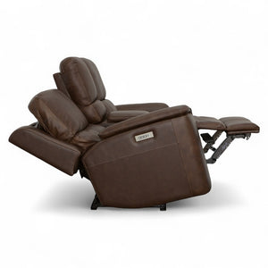 Flexsteel Harrison Leather Triple Power Console Loveseat with Heat & Massage in Burnt Umber