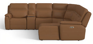 Flexsteel Sawyer Harvest Brown Leather Power Reclining Chaise Sectional with Power Headrests & Lumbar
