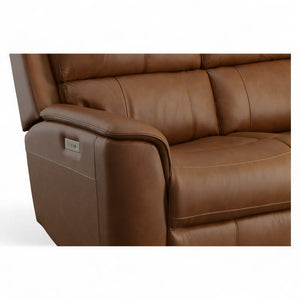 Flexsteel Harrison Leather Triple Power Reclining Sofa with Heat & Massage in Caramel