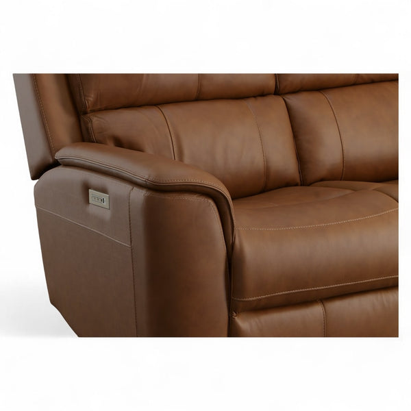 Flexsteel Harrison Leather Triple Power Reclining Sofa with Heat & Massage in Caramel
