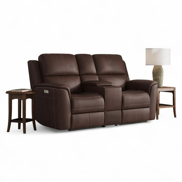 Flexsteel Harrison Leather Triple Power Console Loveseat with Heat & Massage in Burnt Umber