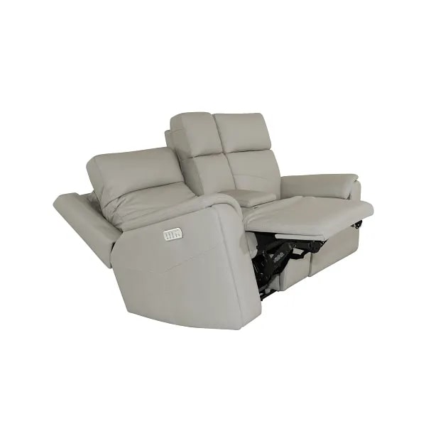 Flexsteel Vernon Triple Power Dove Grey Fabric Console Loveseat with Power Headrest, Lumbar, Heat & Massage