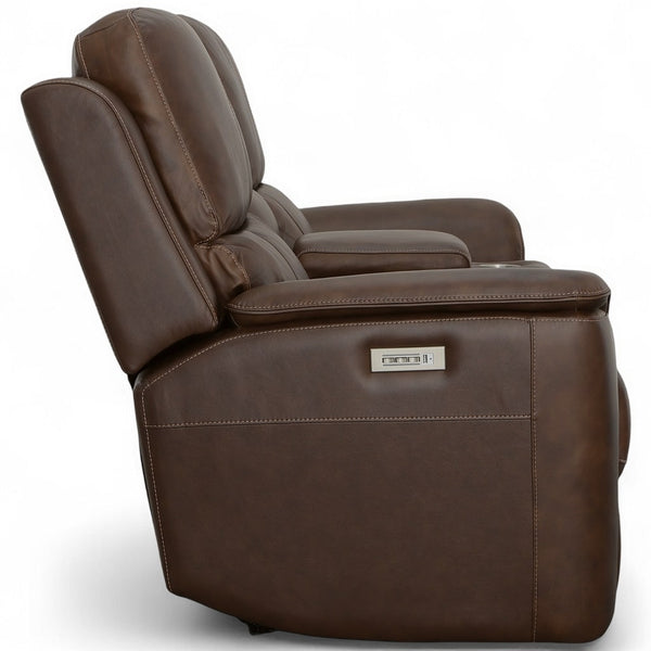 Flexsteel Harrison Leather Triple Power Console Loveseat with Heat & Massage in Burnt Umber