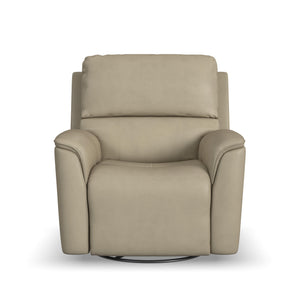 Flexsteel Henry Beige Leather Triple Power Swivel Glider Recliner with Heat + Massage