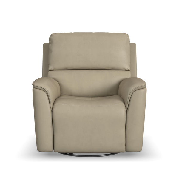 Flexsteel Henry Beige Leather Triple Power Swivel Glider Recliner with Heat + Massage