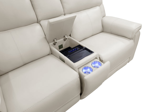 Moto Motion Harmony Console Loveseat with Home Theater & Multi Media & Air Massage & 3-Zone Heating & Zero Gravity In Sorrento Dove Leather