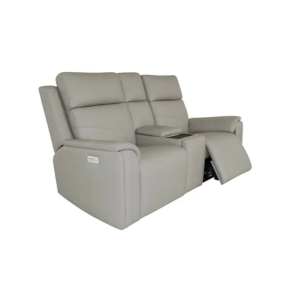 Flexsteel Vernon Triple Power Dove Grey Fabric Console Loveseat with Power Headrest, Lumbar, Heat & Massage