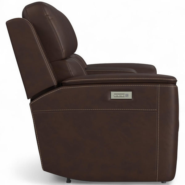 Flexsteel Harrison Leather Triple Power Console Loveseat with Heat & Massage in Burnt Umber