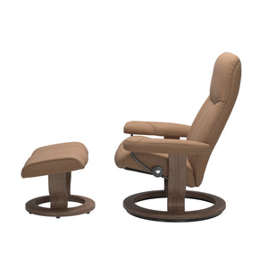 Stressless Consul Classic Base Chair & Ottoman in Batick Latte/Walnut Small