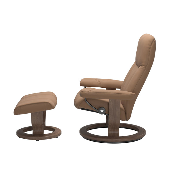 Stressless Consul Classic Base Chair & Ottoman in Batick Latte/Walnut Small