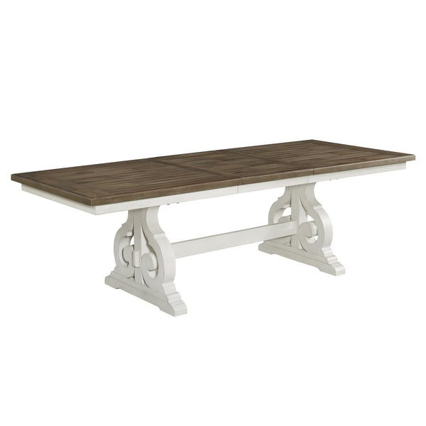 Intercon Drake Two-Toned Rustic White & Oak Finish Trestle Table with 4 Upholstered Cushion Side Chairs