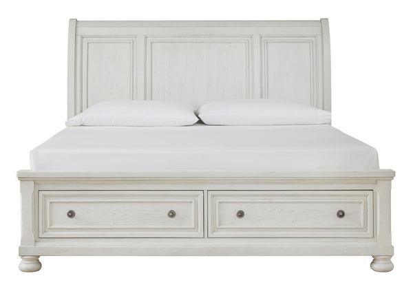 Robbinsdale Queen Sleigh Bed with 2-Drawers of Storage Antique White