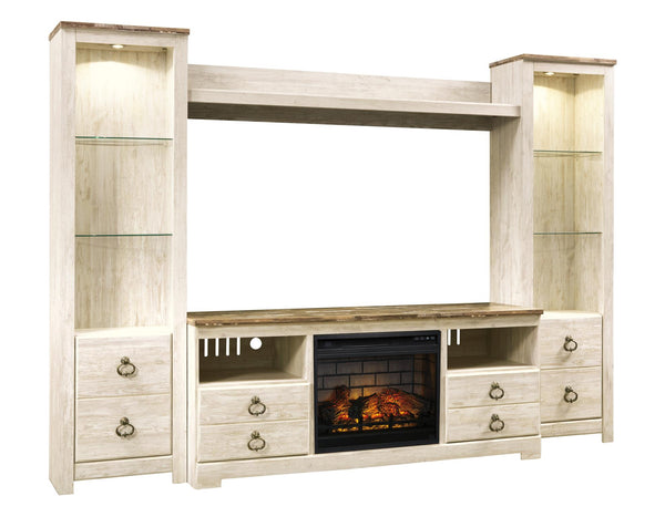 Willowton 4-Piece Entertainment Center with Electric Fireplace Whitewash