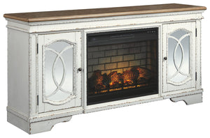 Realyn Pastoral Charm 74-Inch TV Stand with Electric Fireplace Chipped White