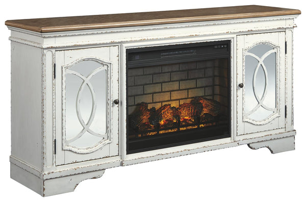 Realyn Pastoral Charm 74-Inch TV Stand with Electric Fireplace Chipped White