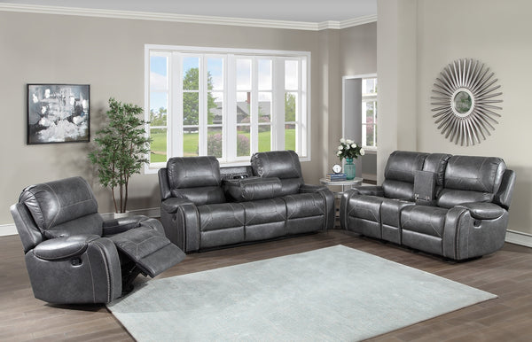 Steve Silver Keily Reclining Sofa Loveseat & Chair Set In Grey With Pewter Nailhead Trim