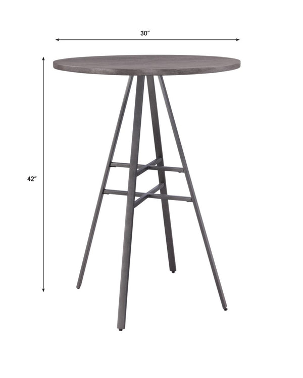American Woodcrafters Filmore Round Wood Top with Metal Base Pub Tables in Slate Grey with Grey Oak Top
