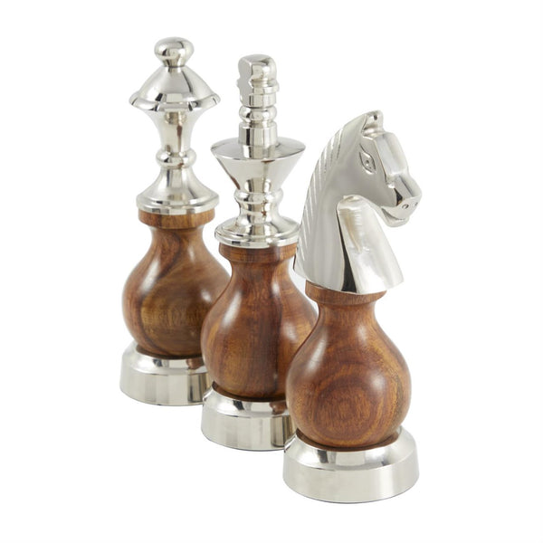 UMA Home Decor Aluminum Chess King, Knight, Bishop Sculpture Set with Wood Bellies