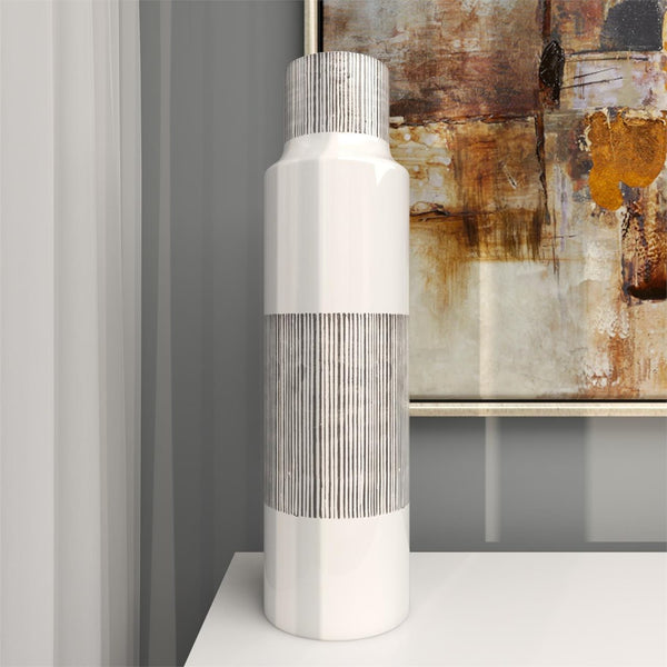 UMA Home Decor White Ceramic Handmade Vase with Grey Striped Accents Cosmoliving by Cosmopolitan