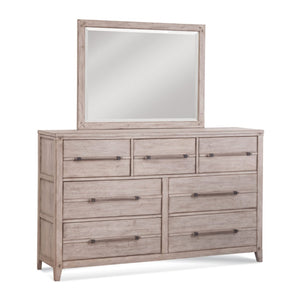 American Woodcrafters Aurora Whitewash 4-Piece Bedroom Set Queen Panel Bed with Storage Footboard Dresser Mirror & 1-Drawer Nightstand