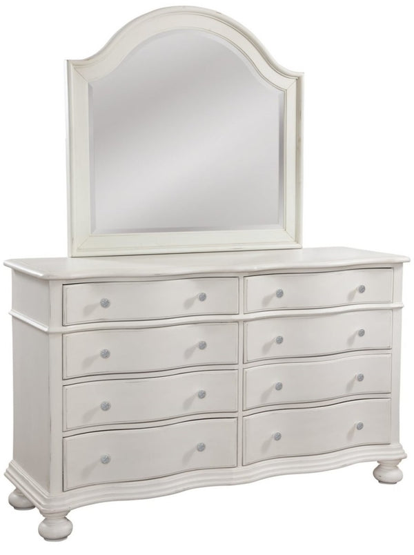 American Woodcrafters Rodanthe Dove White with Rub-Through 4-Piece Woven Bedroom Set Queen Bed Dresser Mirror & 3-Drawer Nightstand