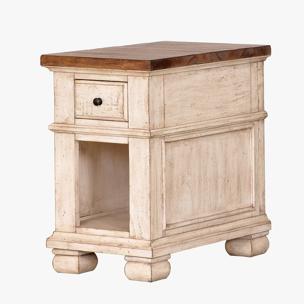 napa furniture belmont chairside table in antique white/rich brown