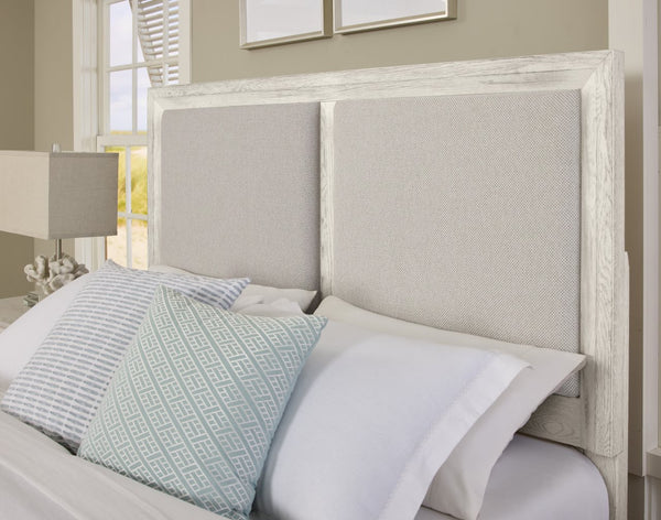 Vaughan-Bassett Custom Express Weathered White California King Upholstered Bed Pebble