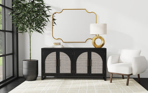 Bassett Mirror Boho Matte Black Oak with Natural Box Weave Cane Ashton 4-Door Server with 4 Shelves