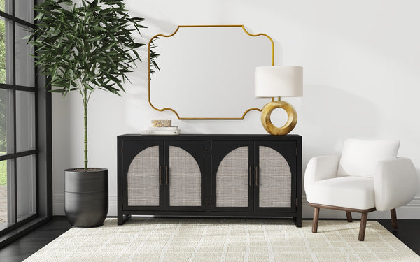 Bassett Mirror Boho Matte Black Oak with Natural Box Weave Cane Ashton 4-Door Server with 4 Shelves