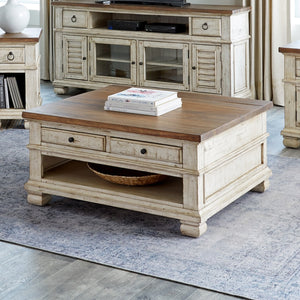 napa furniture belmont square coffee table in antique white/rich brown