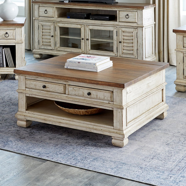 napa furniture belmont square coffee table in antique white/rich brown