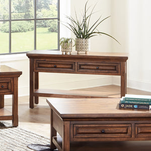napa furniture hillcrest 2-drawer sofa table in rich brown