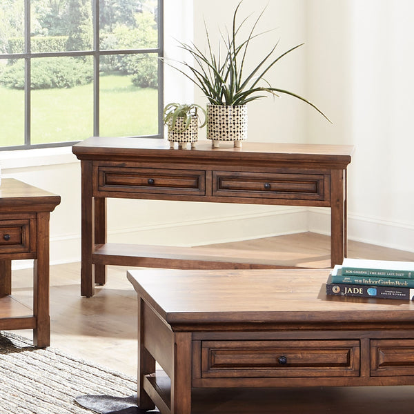 napa furniture hillcrest 2-drawer sofa table in rich brown