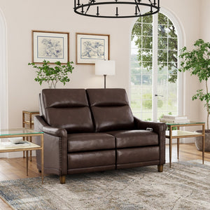 Flexsteel Elizabeth Leather Power Reclining Loveseat with Power Headrest in Brunette