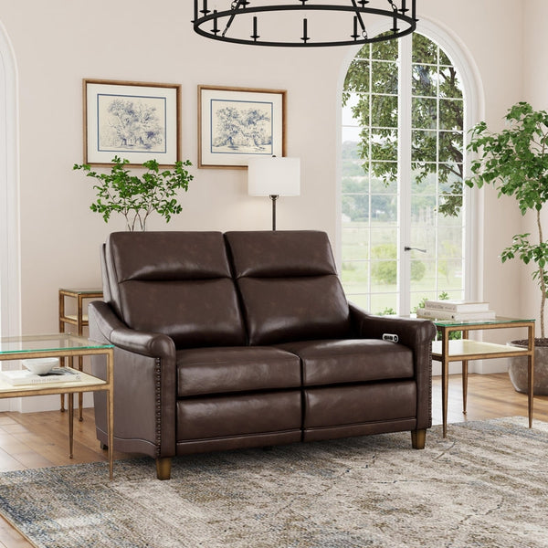 Flexsteel Elizabeth Leather Power Reclining Loveseat with Power Headrest in Brunette