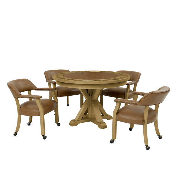 Steve Silver Rylie Dining Table With Game Top & 4 Leatherette Captains Chairs In Natural Finish