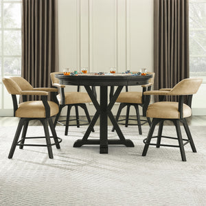 Steve Silver Rylie Counter-Height Table With Game Top & 4 Chairs In Black Finish With Sand Faux-Leather