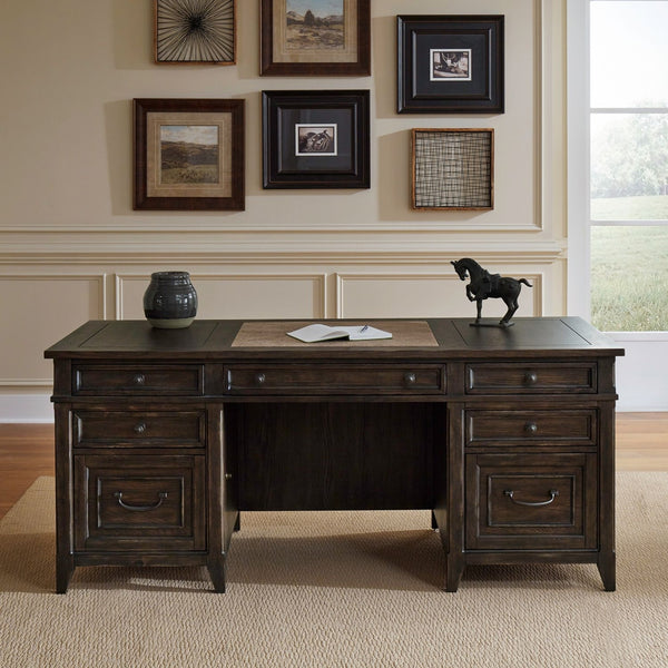 Liberty Furniture Paradise Valley Saddle Brown 5-Piece Executive Desk, Credenza & Hutch Set
