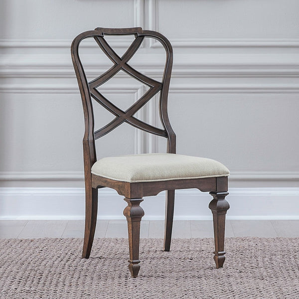 Liberty Furniture Provence Park Chateau Brown 7-Piece Trestle Table & 6 Upholstered Wood Back Side Chairs Set