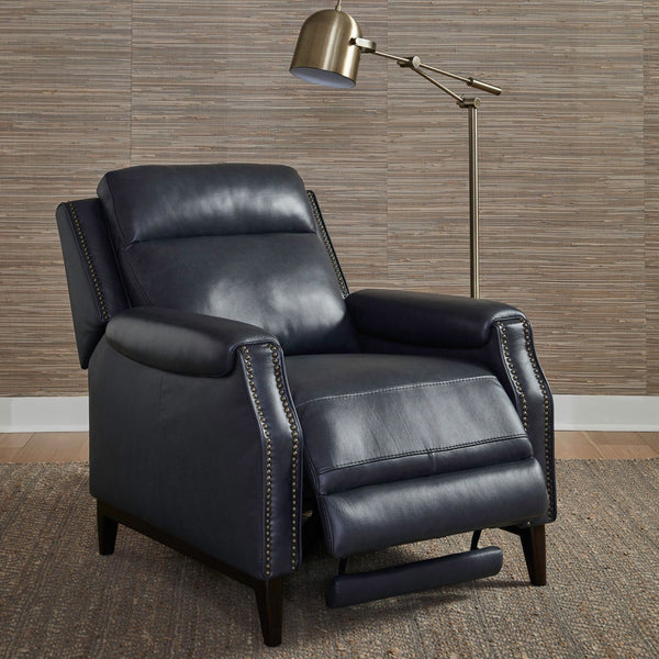 Liberty Furniture Rawling York Navy Leather Manual Push Back Recliner with Antique Brass Nail Head Trim