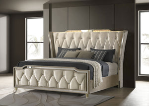 Coaster Lorient King LED Upholstered Bed Ivory & Camel