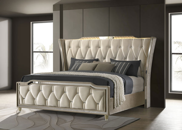 Coaster Lorient King LED Upholstered Bed Ivory & Camel