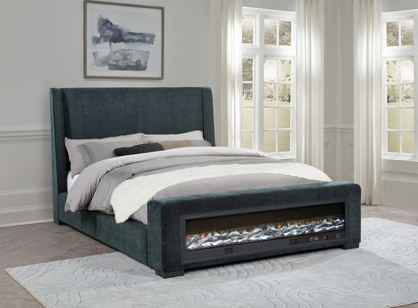 Coaster Preston Upholstered Queen Audio Flame Visualizer Bed Dark Blue
