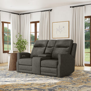 Flexsteel Maxwell Leather Power Reclining Loveseat with Console, Power Headrests and Lumbar in Cinder