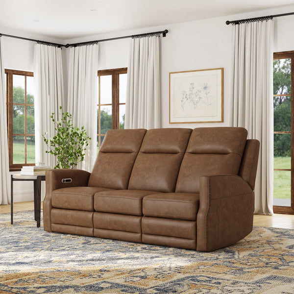 Flexsteel Maxwell Leather Power Reclining Sofa with Power Headrests and Lumbar in Cedar