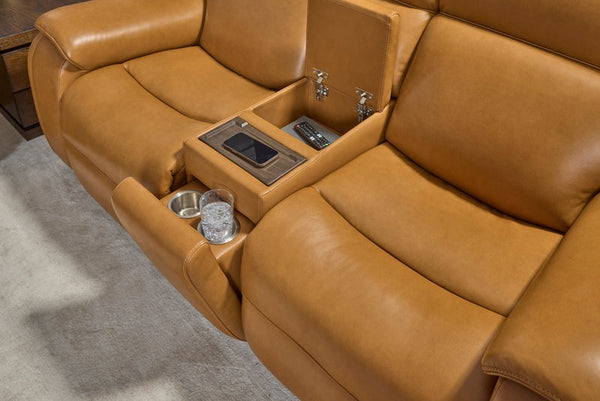 Flexsteel Zero Gravity Ziggy Leather Power Reclining Loveseat with Console, Power Headrest, Lumbar, Heat & Massage in Saddle