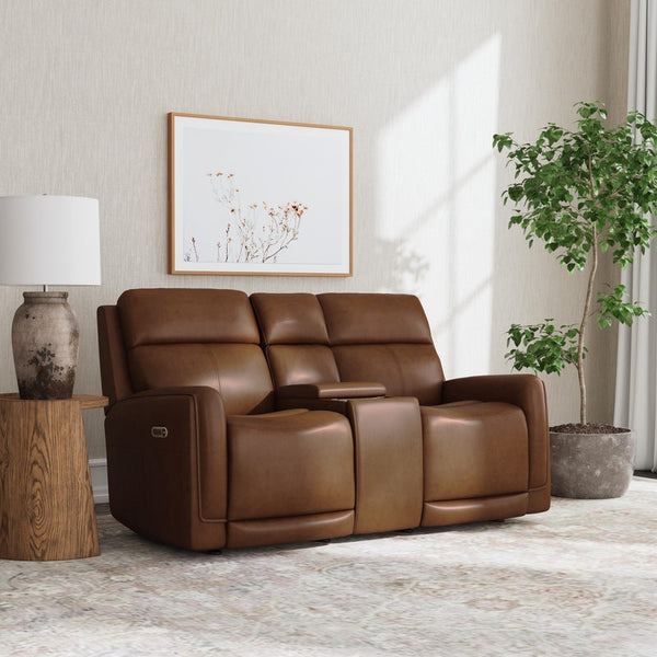 Flexsteel Alister Leather Power Gliding Loveseat with Console, Power Headrests & Lumbar in Sedona